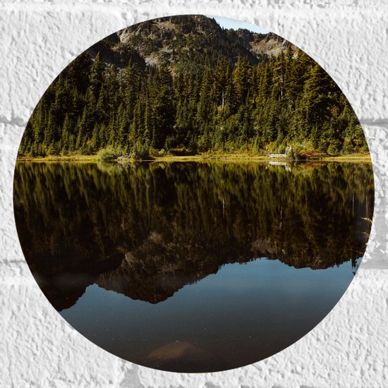 WallClassics - Muursticker Cirkel - Groene Berg aan het Water - 20x20 cm Foto op Muursticker