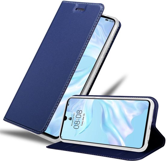 Étui de téléphone bleu foncé avec surpiqûres blanches, ouvert révélant le téléphone. L'étui peut se tenir debout.