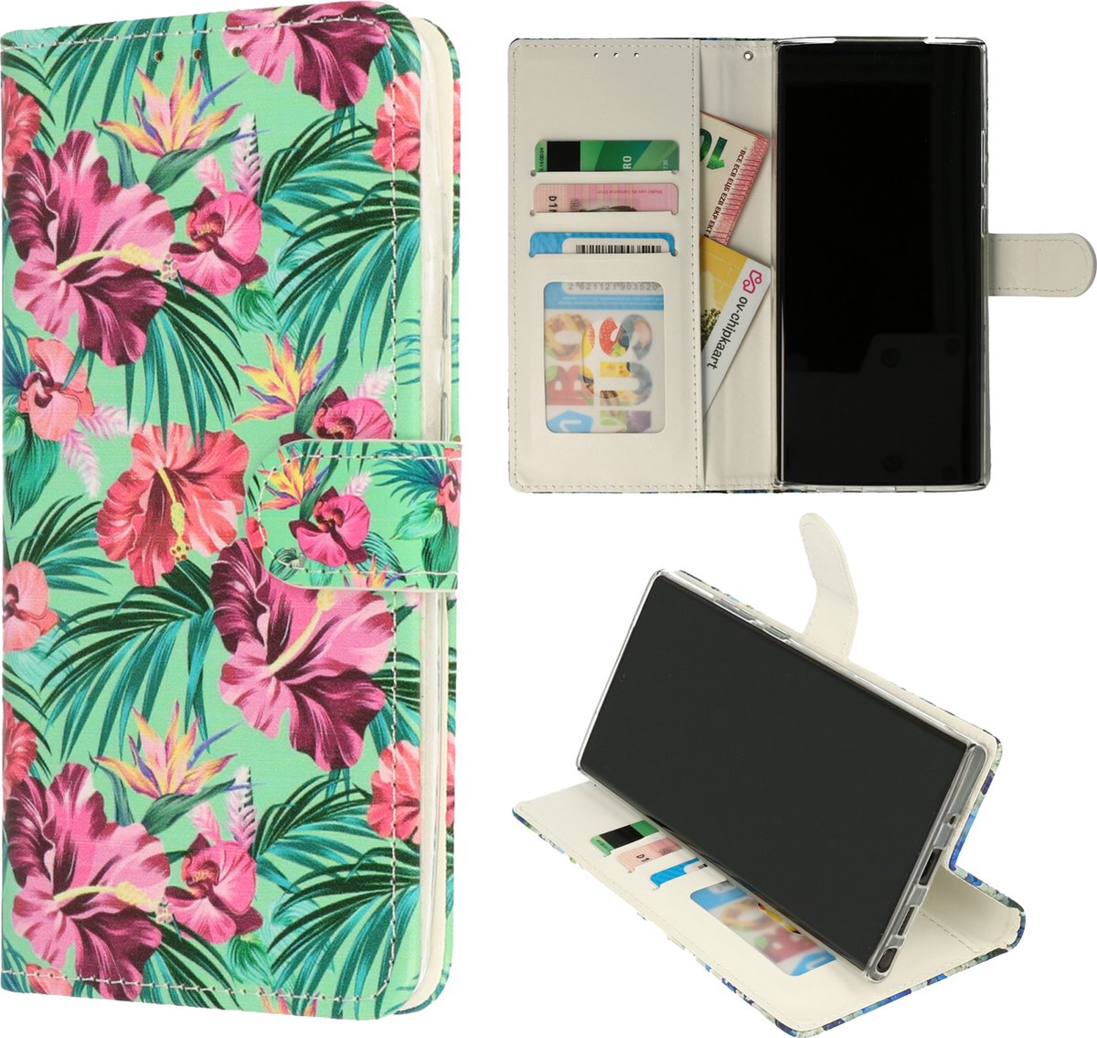 Casemania Hoesje Geschikt voor Samsung Galaxy S23 Plus - Tropische Bloemen Print - Portemonnee Book Case - Pasjeshouder/Magneetlipje