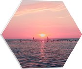 PVC Schuimplaat Hexagon - Roze Zonsondergang aan Zee met Meeuwen - 40x34.8 cm Foto op Hexagon (Met Ophangsysteem)