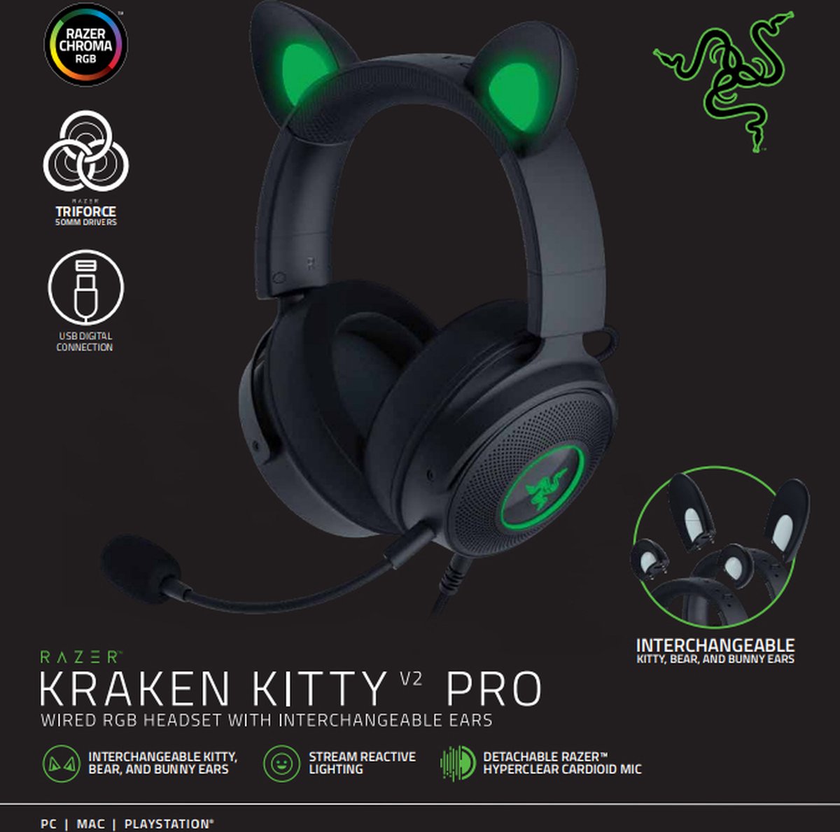 Razer Kraken Kitty Edition V2 Pro - Casque Gaming Filaire RGB avec Oreilles  Interchangeables (Oreilles interchangeables, Eclairage Réactif au