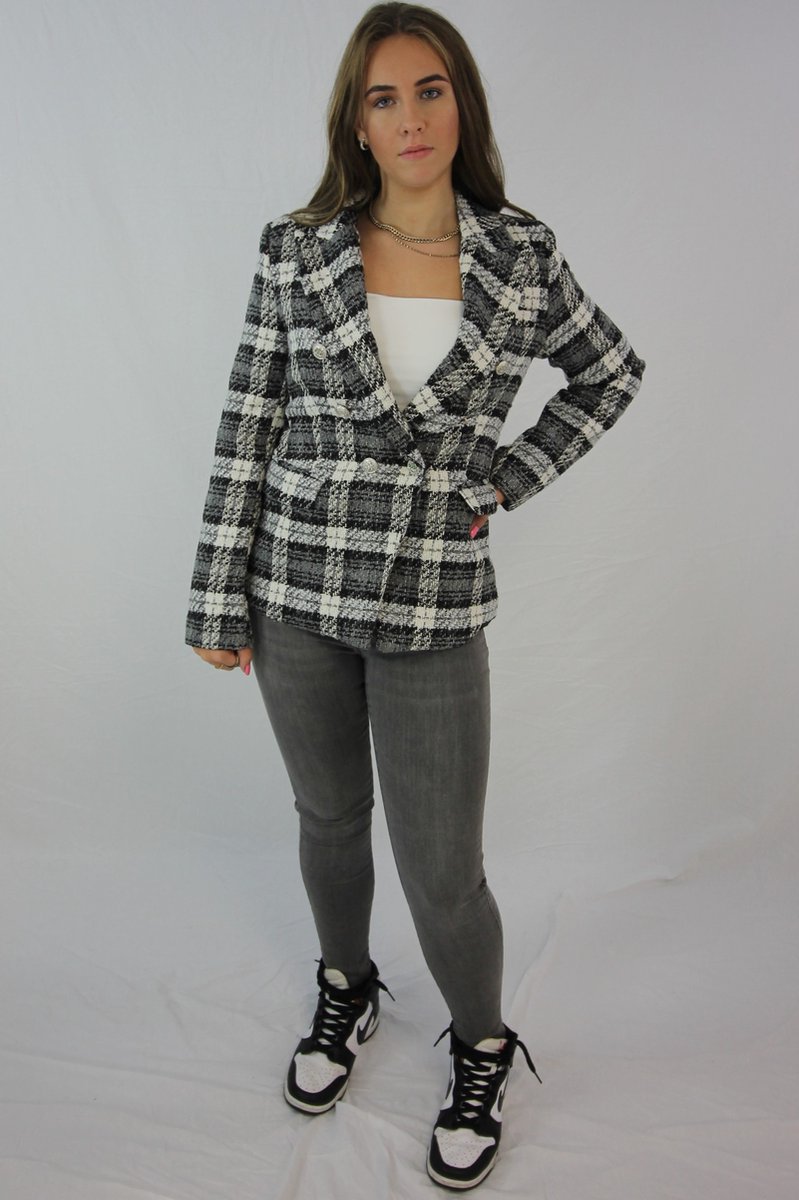 Bella | Checkered Blazer - 36 - Zwart/Grijs/Wit