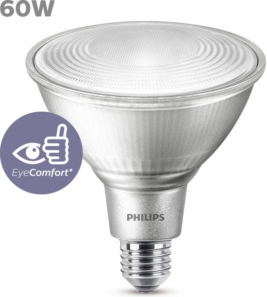 Philips LED lamp met zilverkleurige behuizing, 60W, en EyeComfort keurmerk.