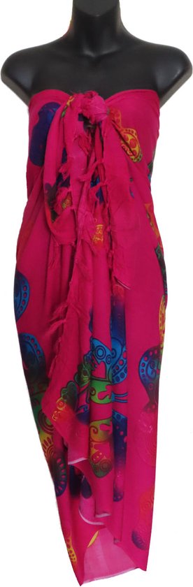 Hamamdoek, pareo, sarong, strandkleed, wikkeldoek, vlinders figuren patroon lengte 115 cm breedte 165 cm kleuren roze paars geel blauw oranje groen bruin versierd met franjes.