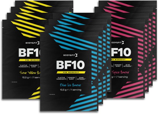 Body & Fit BF10 Pre Workout Sachets - Pre-Workout met Cafeïne - Blue Ice, Sour Yellow, Red Spice - 12 servings (126 gram)