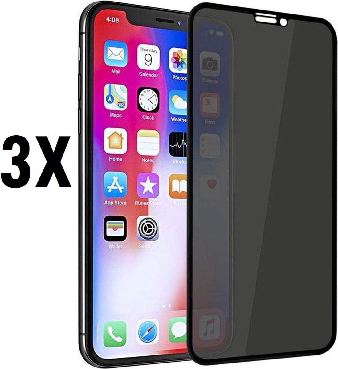 Screenz® - PRIVACY Screenprotector geschikt voor Phone X/XS/10/ 11 Pro - Tempered glass Screen protector geschikt voor iPhone X/XS/10/11 pro - Beschermglas - Privé Glasplaatje - 3 stuks