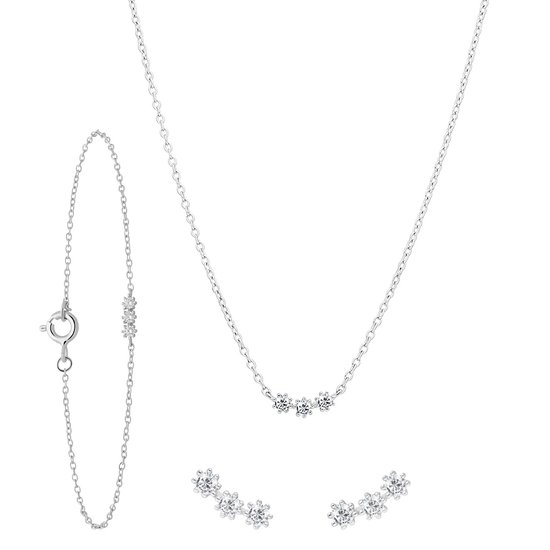 Lucardi Dames Zilveren set ketting, armband, oorbellen zirkonia - Cadeau Set - 925 Zilver - Zilverkleurig