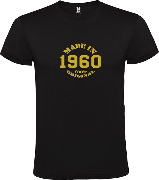 Zwart T-Shirt met “Made in 1960 / 100% Original “ Afbeelding Goud Size L
