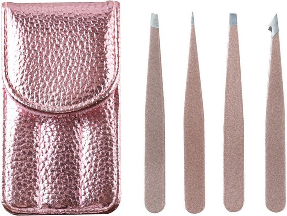 Goedkoopste 4 Stuks Pincet Set met Beschermcase – RVS – Verschillende Pincet Uiteinden – Roségoud