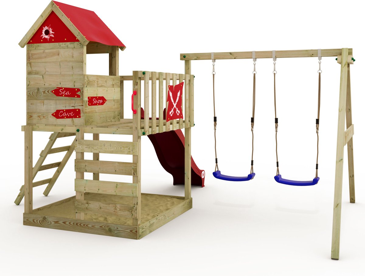WICKEY speeltoestel klimtoestel Smart Cave met schommel & rode glijbaan, outdoor klimtoren voor kinderen met zandbak, ladder & speelaccessoires voor de tuin — afbeelding 2