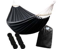 HSXL Dubbele Hangmat Zwart met Spreidstok en Touwen - 1 of 2 Persoons - Lig Oppervlak 190x150cm - Lengte 260cm