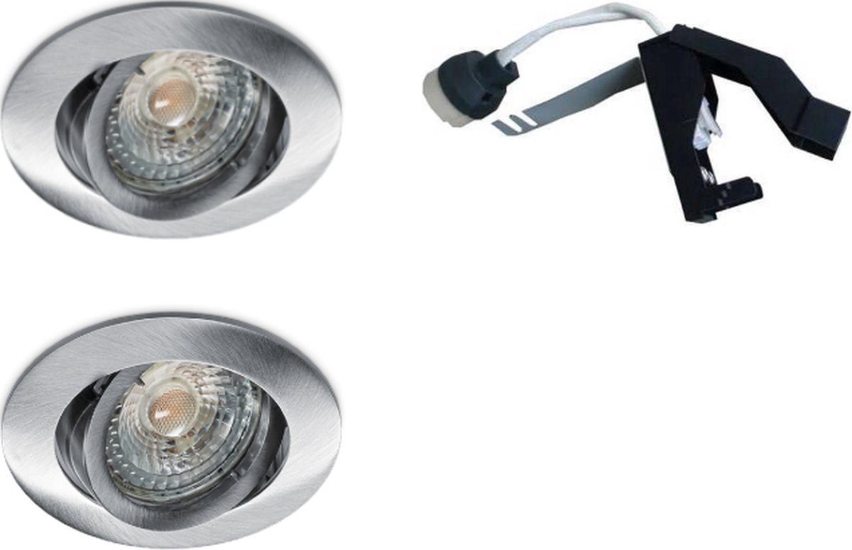 Geborsteld Aluminium Inbouwspot – Verstelbaar 30° – Incl. Dimbare GU10 LED 3000K – 4W (345 lm) - set van 2 stuks.