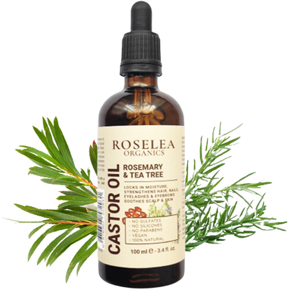 Roselea Organics - Biologische Castor Olie met Rozemarijn & Tea Tree – Voedt het haar en stimuleert de haargroei. Versterkt haar, wimpers, wenkbrauwen en nagels - Al onze Ingrediënten zijn Natuurlijk (100 %) en Biologisch (99 %) - 100 ml