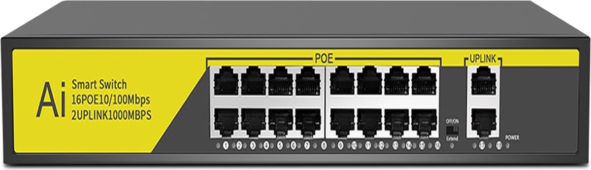 Hiseeu Netwerk Switch - 16 Poorten – Compatibel Met Meerdere Camera Resoluties – 250 Meter Bereik – Efficiëntere Warmteafvoer