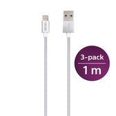 3x 1 meter Grixx Optimum 8-pin Lightning ‑ USB A kabel - iPhone/ iPad/ Airpods/ iPod - Wit - Heavy duty nylon mantel - 3-Pack