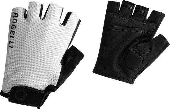 Witte Rogelli fietshandschoenen voor kinderen, met zwarte handpalm en klittenbandsluiting.