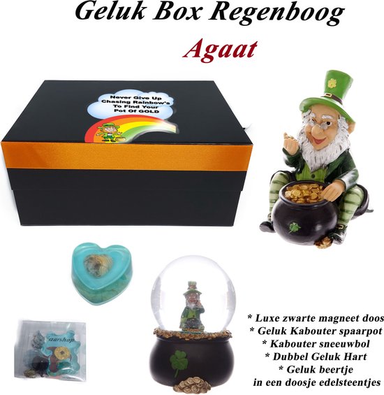 Cadeaubox Liefde en Geluk - Geluk Box Regenboog - Ierse geluk kabouter - leprechaun - edelstenen - Geluk kabouter sneeuwbol - Agaat edelsteen hart - luxe geschenkdoos