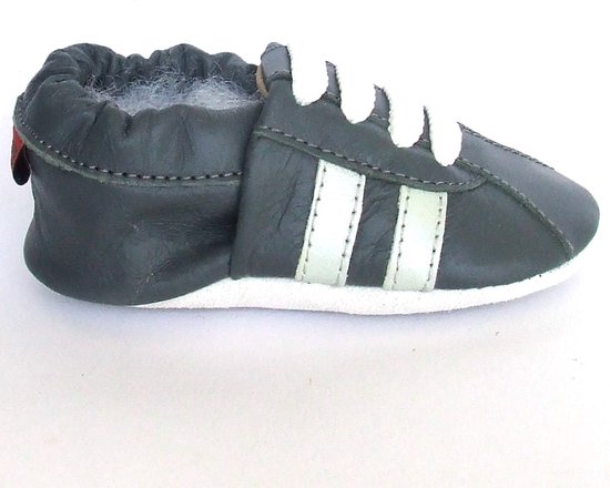 Aapie babyslofjes - Sneaker grijs - slofjes voor baby, dreumes - leer - antislip - eerste loopschoentjes - maat M