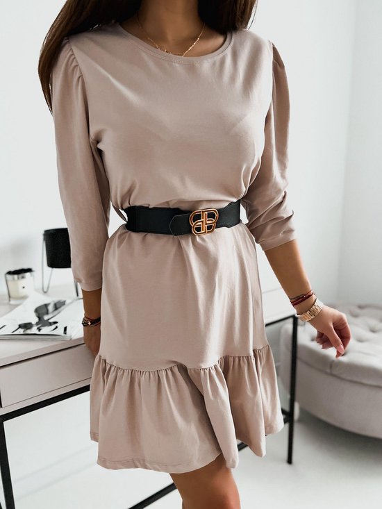 korte jurk - kort - mini - kniehoogte - met riem - beige - een maat - lange  mouwen -... | bol.com