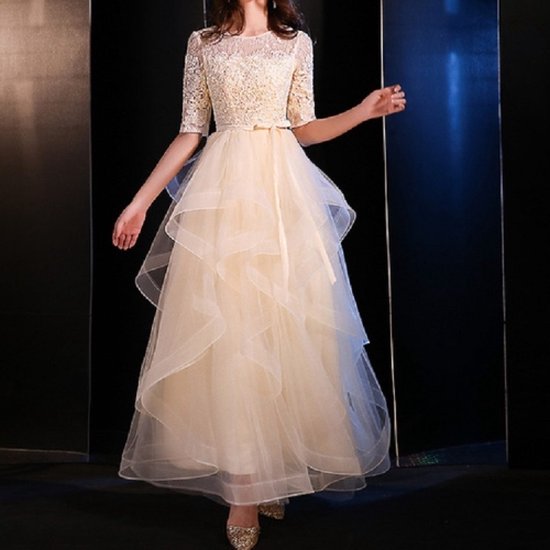 Elegante avondjurk met kanten lange rok met halve mouwen maat S champagne Geen bol