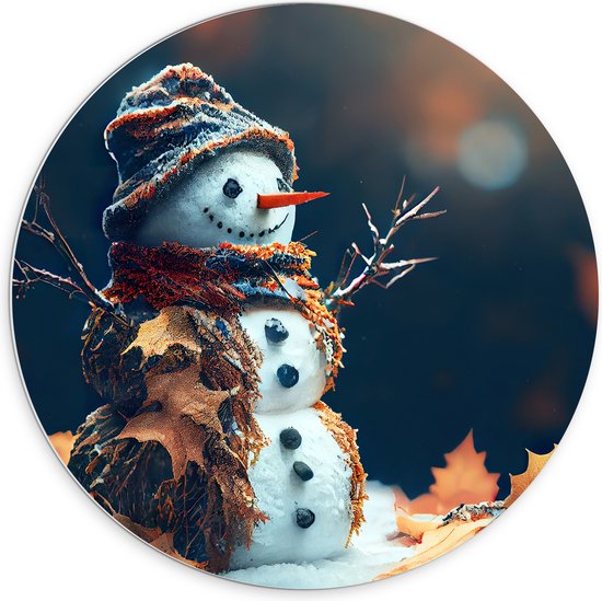 PVC Schuimplaat Muurcirkel - Sneeuwpop met Takken Armen tussen de Herfstbladeren - 70x70 cm Foto op Muurcirkel (met ophangsysteem)