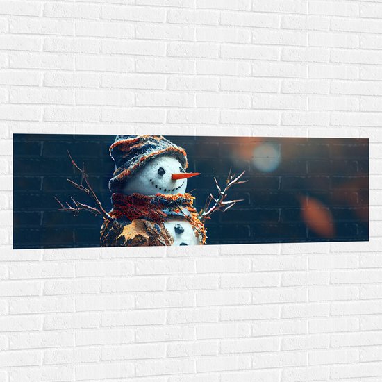 Muursticker - Sneeuwpop met Takken Armen tussen de Herfstbladeren - 150x50 cm Foto op Muursticker