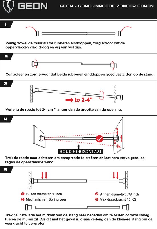 Instructies voor de installatie van de GEON gordijnroede zonder boren. Stappen 1-5 met afbeeldingen en tekst.