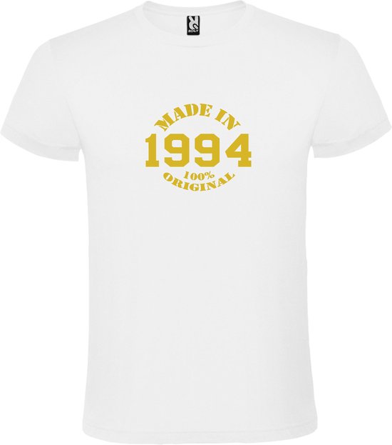 Wit T-Shirt met “Made in 1994 / 100% Original “ Afbeelding Goud Size S