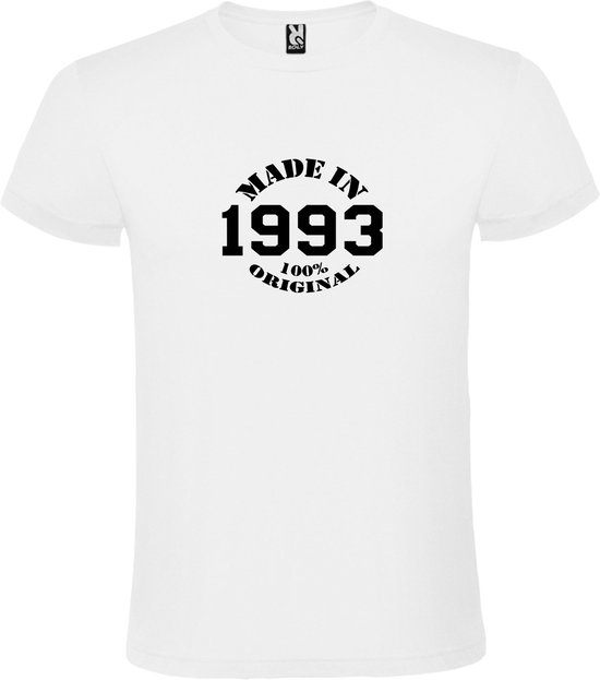 Wit T-Shirt met “Made in 1993 / 100% Original “ Afbeelding Zwart Size XXXXL