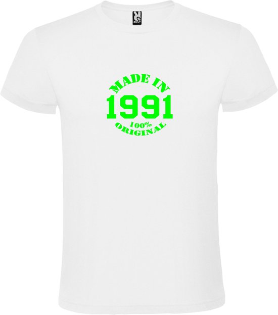 Wit T-Shirt met “Made in 1991 / 100% Original “ Afbeelding Neon Groen Size XXXXL