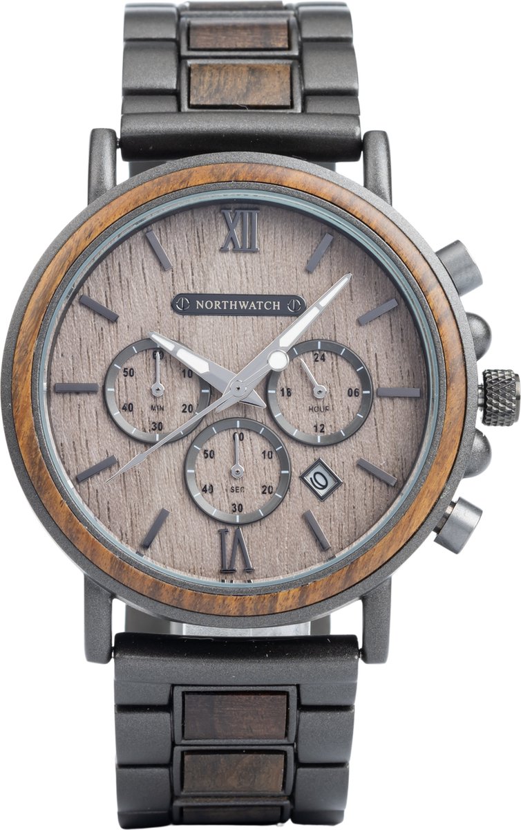 Northwatch official | Iron | houten horloge heren | Hout en staal | RVS horloge | cadeau heren | horloge met datum | ebbenhout