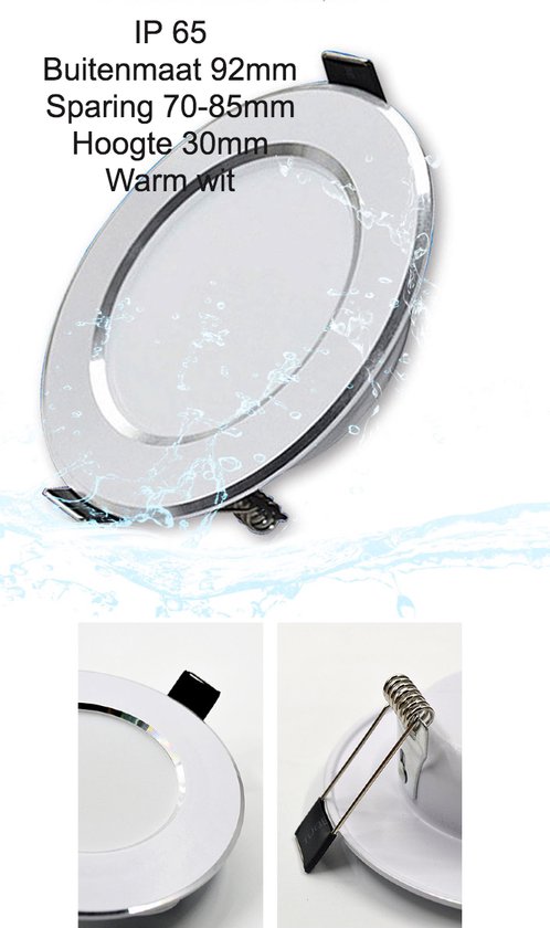 Lampe de salle de bain anti-éclaboussures. Panneau LED adapté à la salle de bain ou à l'extérieur. Ouverture 70-85 mm. Taille extérieure 92 mm. La hauteur du spot IP 65 est de 30 mm. La couleur de la lumière est blanc chaud.