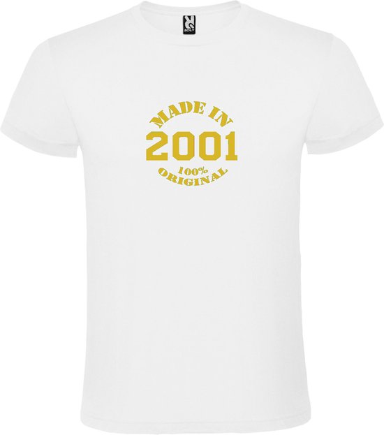Wit T-Shirt met “Made in 2001 / 100% Original “ Afbeelding Goud Size XXXXXL