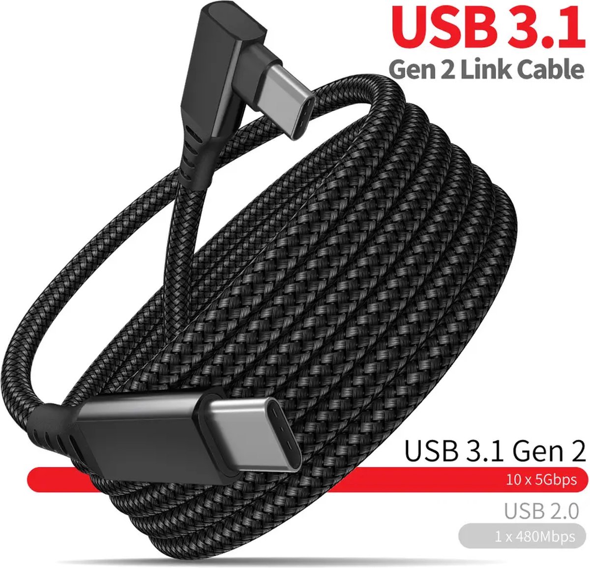 Oculus Quest 2 Link kabel - 5 meter - USB 3.1 Gen 2 naar USB C - Zwart - Gevlochten Nylon