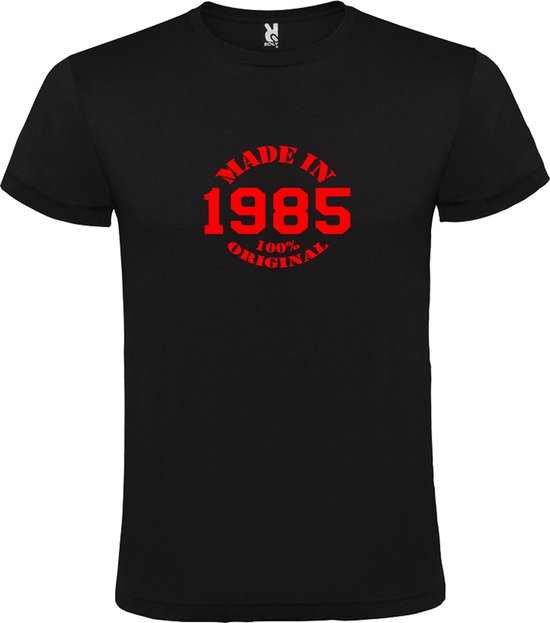 Zwart T-Shirt met “Made in 1985 / 100% Original “ Afbeelding