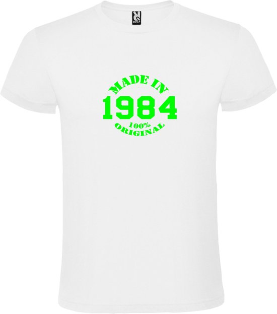 Wit T-Shirt met “Made in 1984 / 100% Original “ Afbeelding Neon Groen Size S