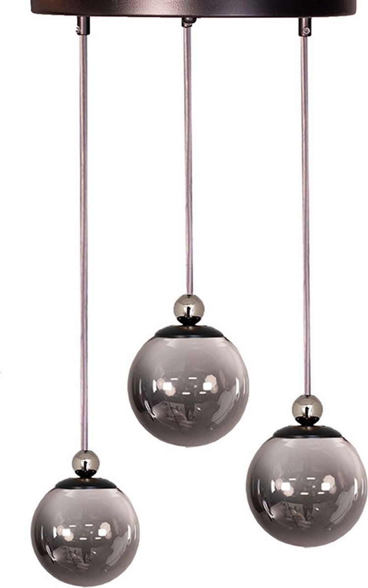 Chesto Alvina Triple Smoky - Luxe Industriële Hanglamp - 3 Glazen Bollen Smoking Glas / Rookglas - Eetkamer, Woonkamer