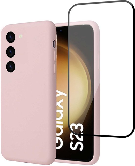 Hoesje geschikt voor Samsung S23 Plus + Screenprotector – Full Screen Tempered Glass - Liquid Back Case Cover Rose