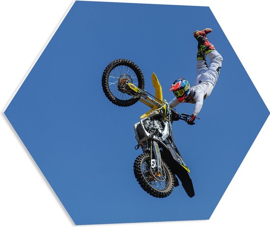 Foto: Wallclassics pvc schuimplaat hexagon freestyle motocross boven boom 60x52 2 cm foto op hexagon met ophangsysteem 