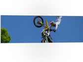 WallClassics - PVC Schuimplaat- Freestyle Motocross boven Boom - 90x30 cm Foto op PVC Schuimplaat