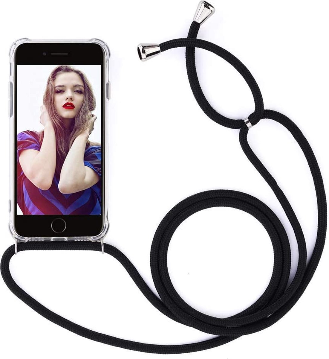 iPhone 7/8 Plus Hoesje Transparant met Koord Zwart Shock Proof Siliconen Hoes Case Cover