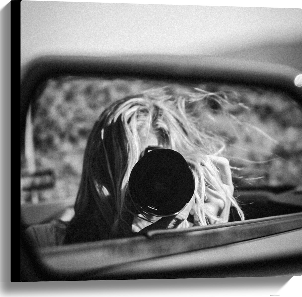 Canvas - Fotograaf in Autospiegel (zwart-wit) - 60x60 cm Foto op Canvas Schilderij (Wandde