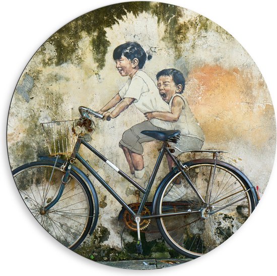 WallClassics - Dibond Muurcirkel - Muurschildering van Twee Broertjes op een Fiets - 80x80 cm Foto op Aluminium Muurcirkel (met ophangsysteem)