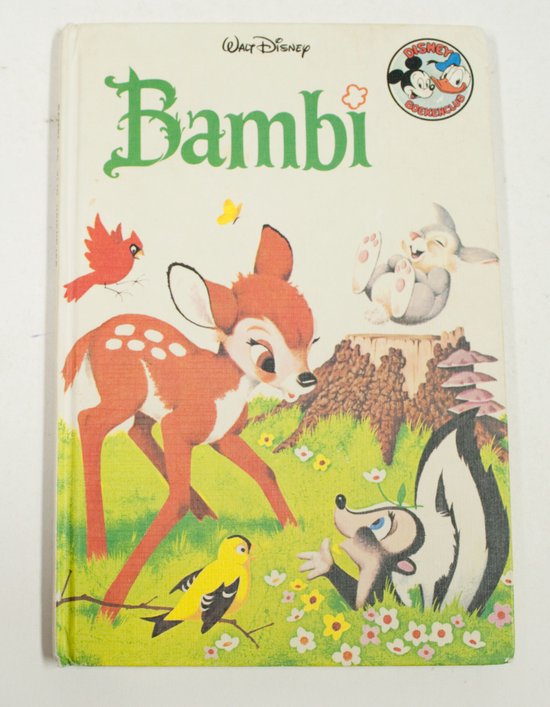 Bambi boek met op de voorkant een illustratie van Bambi, Thumper, Flower, een rode vogel en een gele vogel.