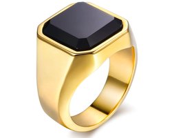 Zegelring Heren Goud kleurig met Zwarte Steen - Ringen Mannen - Heren Ring Heren - Valentijn Cadeautje voor Hem - Valentijnsdag voor Mannen Cadeautjes