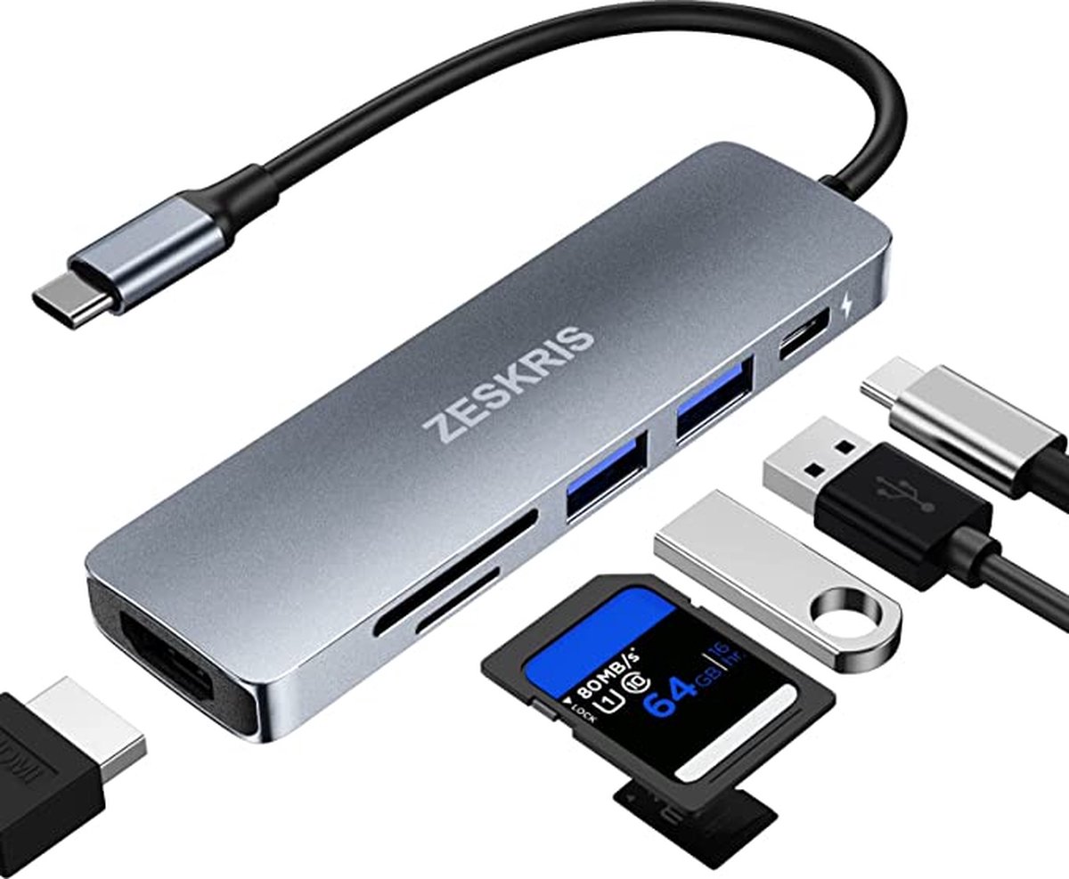 Ghost Store:USB C Hub, ZESKRIS MacBook USB C Adapter, 6 in 1 USB C Hub Multiport Adapter met 2 USB 3.0 SD/Micro SD-kaartlezer 4K HDMI 100W PD voor Macbook Air/Pro en andere type C-apparaten