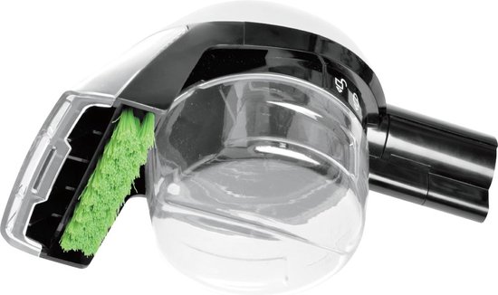 Détail de la buse d'un nettoyeur de taches avec des poils verts.