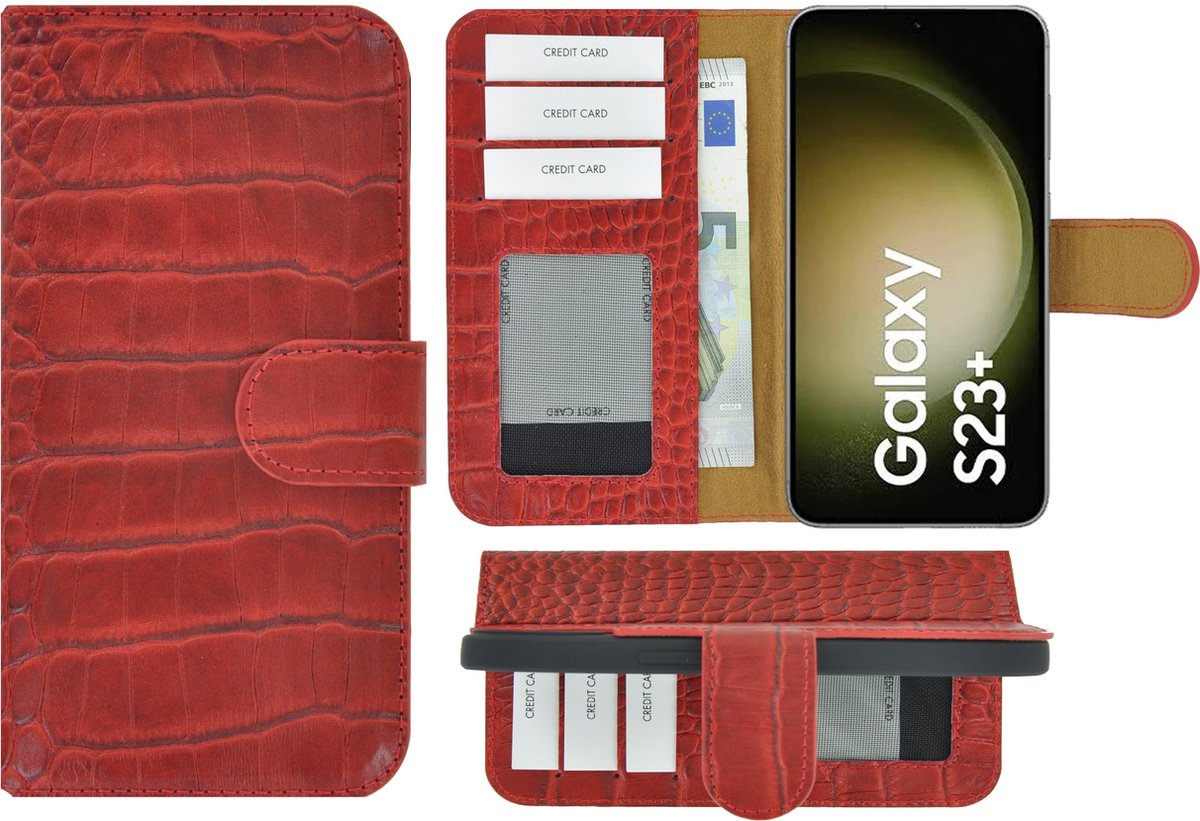 MoDo hoesje Geschikt voor Samsung Galaxy S23+ - Echt Leer Book Case - Croco Rood