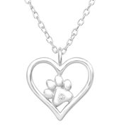 Joy|S - Zilveren hartje hanger met dierenpootje - inclusief ketting 45 cm - poot afdruk - zirkonia - kinderketting