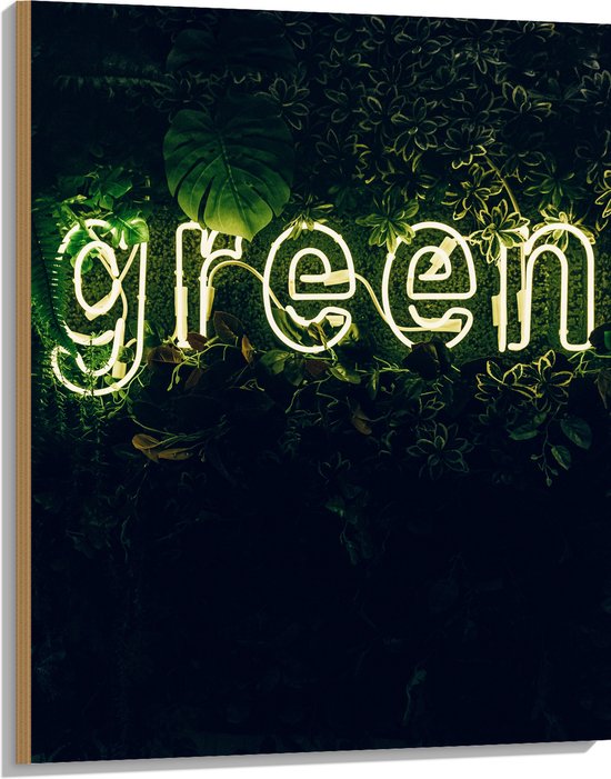 Hout - ''GREEN'' Neon Letters tussen Struiken - 75x100 cm - 9 mm dik - Foto op Hout (Met Ophangsysteem)